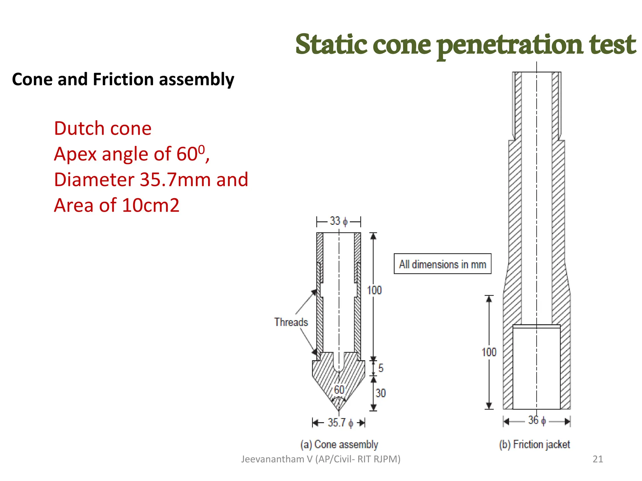 Cone and Friction assembly
21
Jeevanantham V (AP/Civil- RIT RJPM)
Staticconepenetrationtest
Dutch cone
Apex angle of 600,
Diameter 35.7mm and
Area of 10cm2
 
