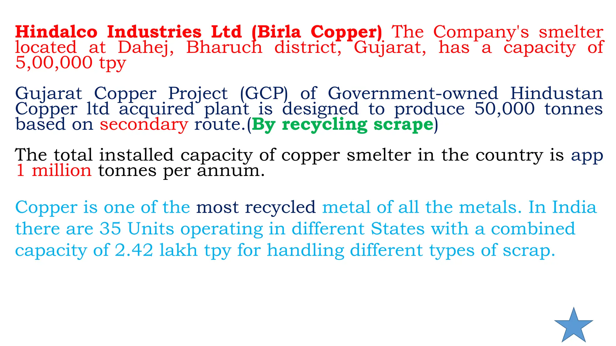 Hindalco Industries Ltd (Birla Copper) The Company's smelter
located at Dahej, Bharuch district, Gujarat, has a capacity of
5,00,000 tpy
Gujarat Copper Project (GCP) of Government-owned Hindustan
Copper ltd acquired plant is designed to produce 50,000 tonnes
based on secondary route.(By recycling scrape)
The total installed capacity of copper smelter in the country is app
1 million tonnes per annum.
Copper is one of the most recycled metal of all the metals. In India
there are 35 Units operating in different States with a combined
capacity of 2.42 lakh tpy for handling different types of scrap.
 