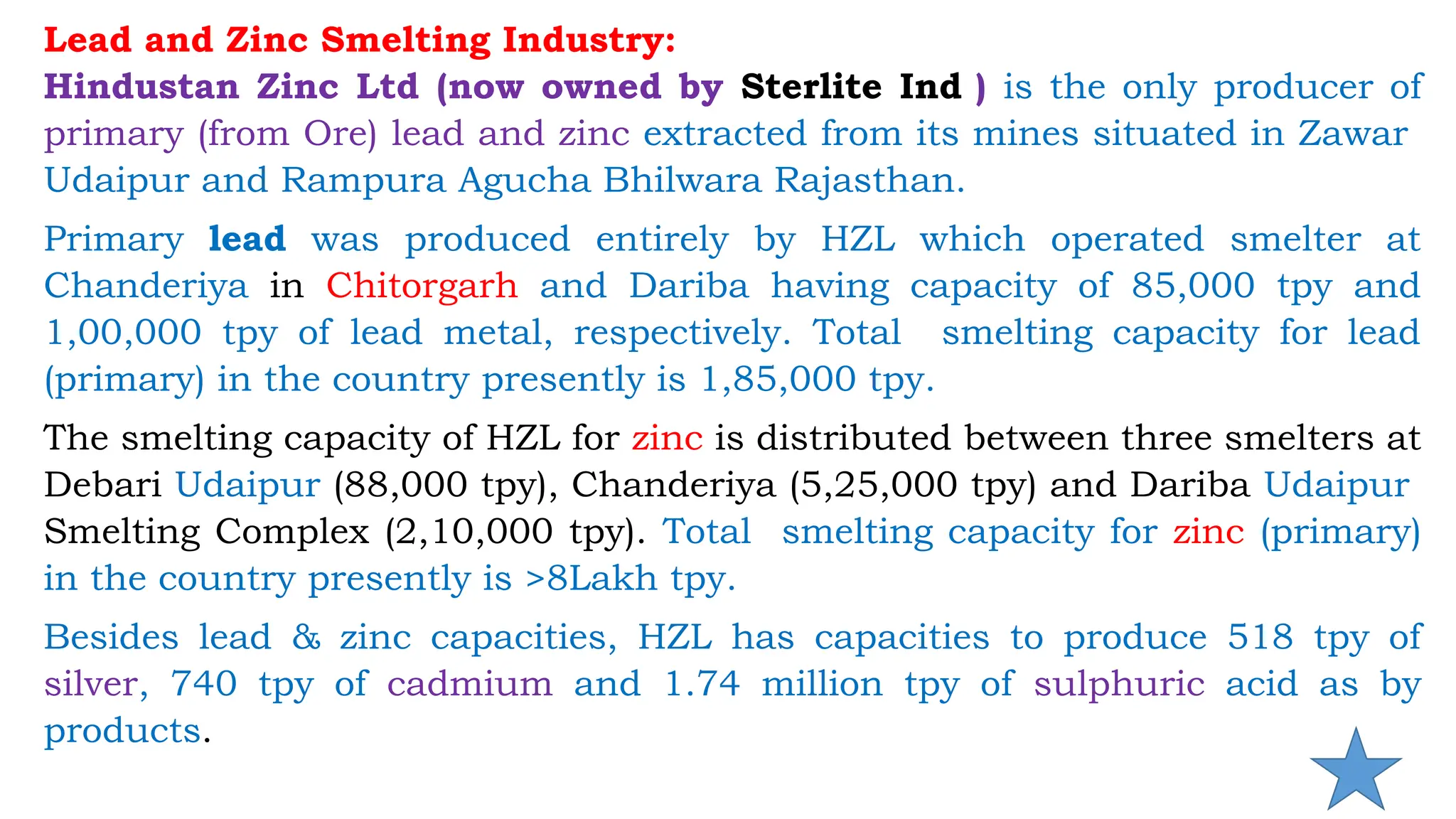 Lead and Zinc Smelting Industry:
Hindustan Zinc Ltd (now owned by Sterlite Ind ) is the only producer of
primary (from Ore) lead and zinc extracted from its mines situated in Zawar
Udaipur and Rampura Agucha Bhilwara Rajasthan.
Primary lead was produced entirely by HZL which operated smelter at
Chanderiya in Chitorgarh and Dariba having capacity of 85,000 tpy and
1,00,000 tpy of lead metal, respectively. Total smelting capacity for lead
(primary) in the country presently is 1,85,000 tpy.
The smelting capacity of HZL for zinc is distributed between three smelters at
Debari Udaipur (88,000 tpy), Chanderiya (5,25,000 tpy) and Dariba Udaipur
Smelting Complex (2,10,000 tpy). Total smelting capacity for zinc (primary)
in the country presently is >8Lakh tpy.
Besides lead & zinc capacities, HZL has capacities to produce 518 tpy of
silver, 740 tpy of cadmium and 1.74 million tpy of sulphuric acid as by
products.
 