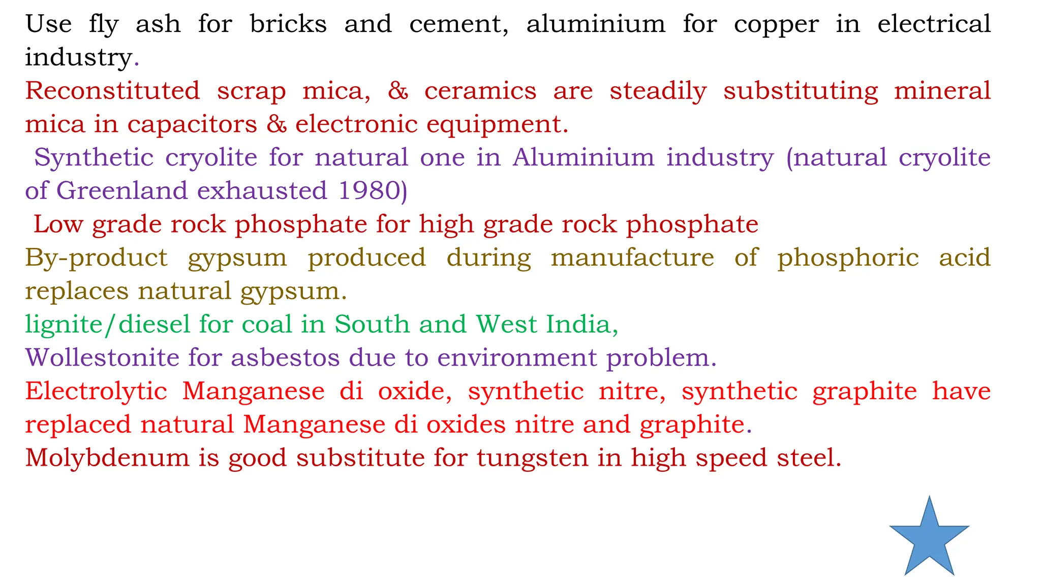 Use fly ash for bricks and cement, aluminium for copper in electrical
industry.
Reconstituted scrap mica, & ceramics are steadily substituting mineral
mica in capacitors & electronic equipment.
Synthetic cryolite for natural one in Aluminium industry (natural cryolite
of Greenland exhausted 1980)
Low grade rock phosphate for high grade rock phosphate
By-product gypsum produced during manufacture of phosphoric acid
replaces natural gypsum.
lignite/diesel for coal in South and West India,
Wollestonite for asbestos due to environment problem.
Electrolytic Manganese di oxide, synthetic nitre, synthetic graphite have
replaced natural Manganese di oxides nitre and graphite.
Molybdenum is good substitute for tungsten in high speed steel.
 