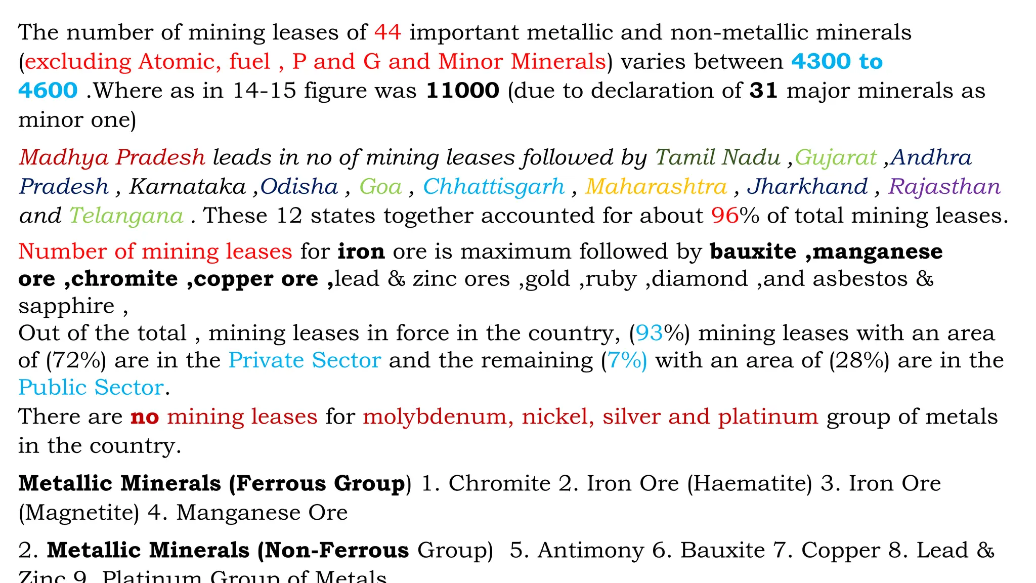 The number of mining leases of 44 important metallic and non-metallic minerals
(excluding Atomic, fuel , P and G and Minor Minerals) varies between 4300 to
4600 .Where as in 14-15 figure was 11000 (due to declaration of 31 major minerals as
minor one)
Madhya Pradesh leads in no of mining leases followed by Tamil Nadu ,Gujarat ,Andhra
Pradesh , Karnataka ,Odisha , Goa , Chhattisgarh , Maharashtra , Jharkhand , Rajasthan
and Telangana . These 12 states together accounted for about 96% of total mining leases.
Number of mining leases for iron ore is maximum followed by bauxite ,manganese
ore ,chromite ,copper ore ,lead & zinc ores ,gold ,ruby ,diamond ,and asbestos &
sapphire ,
Out of the total , mining leases in force in the country, (93%) mining leases with an area
of (72%) are in the Private Sector and the remaining (7%) with an area of (28%) are in the
Public Sector.
There are no mining leases for molybdenum, nickel, silver and platinum group of metals
in the country.
Metallic Minerals (Ferrous Group) 1. Chromite 2. Iron Ore (Haematite) 3. Iron Ore
(Magnetite) 4. Manganese Ore
2. Metallic Minerals (Non-Ferrous Group) 5. Antimony 6. Bauxite 7. Copper 8. Lead &
 