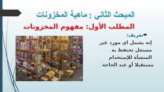 ‫المخزونات‬ ‫ماهية‬ : ‫الثاني‬ ‫المبحث‬
‫المخزونات‬ ‫مفهوم‬ :‫األول‬ ‫المطلب‬

‫تعريف‬
:
‫غير‬ ‫مورد‬ ‫اي‬ ‫يشمل‬ ‫إنه‬
‫به‬ ‫تحتفظ‬ ‫مستغل‬
‫لإلستخدام‬ ‫المنشأة‬
‫الحاجة‬ ‫عند‬ ‫أو‬ ‫مستقبال‬
 