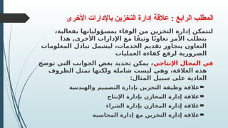 ‫األخرى‬ ‫باإلدارات‬ ‫التخزين‬ ‫إدارة‬ ‫عالقة‬ : ‫الرابع‬ ‫المطلب‬
،‫بفعالية‬ ‫بمسؤولياتها‬ ‫الوفاء‬ ‫من‬ ‫التخزين‬ ‫إدارة‬ ‫لتتمكن‬
‫هذا‬ ,‫األخرى‬ ‫اإلدارات‬ ‫مع‬ ‫ا‬ً‫وثيق‬ ‫ا‬ً‫ن‬‫تعاو‬ ‫األمر‬ ‫يتطلب‬
‫المعلومات‬ ‫تبادل‬ ‫ليشمل‬ ،‫الخدمات‬ ‫تقديم‬ ‫يتجاوز‬ ‫التعاون‬
‫العمليات‬ ‫كفاءة‬ ‫لرفع‬ ‫الضرورية‬
‫اإلنتاجي‬ ‫المجال‬ ‫في‬
‫توضح‬ ‫التي‬ ‫الجوانب‬ ‫بعض‬ ‫تحديد‬ ‫يمكن‬ ،
‫الظروف‬ ‫تمثل‬ ‫ولكنها‬ ‫شاملة‬ ‫ليست‬ Q
‫ي‬‫وه‬ ،‫العالقة‬ ‫هذه‬
:‫المثال‬ ‫سبيل‬ ‫على‬ ‫العادية‬

‫والهندسة‬ ‫التصميم‬ ‫بإدارة‬ ‫التخزين‬ ‫وظيفة‬ ‫عالقة‬

‫اإلنتاج‬ ‫بإدارة‬ ‫المخازن‬ ‫إدارة‬ ‫عالقة‬

‫الشراء‬ ‫بإدارة‬ ‫المخازن‬ ‫إدارة‬ ‫عالقة‬

‫المحاسبة‬ ‫إدارة‬ ‫مع‬ ‫التخزين‬ ‫إدارة‬ ‫عالقة‬
 