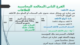 ‫المحاسبية‬ ‫المعالجة‬:‫الثاني‬ ‫الفرع‬
‫للغالفات‬ :‫األغلفة‬ ‫تعريف‬
‫األغلفة‬ ‫مثل‬ ‫السلع‬ ‫أو‬ ‫المنتجات‬ ‫على‬ ‫تحتوي‬ ،‫تعبئة‬ ‫وسائل‬ ‫عن‬ ‫عبارة‬ ‫هي‬
‫الزجاجات‬ ،‫ق‬Q
‫ر‬‫الو‬ ‫من‬
‫األغلفة‬ ‫أنواع‬: ‫ثانيا‬

)‫(تالفة‬ ‫مستهلكة‬ ‫أغلفة‬

‫جعة‬Q
‫ر‬‫مست‬ ‫أغلفة‬
‫المسترجعة‬ ‫لألغلفة‬ ‫المحاسبي‬ ‫التسجيل‬ :
‫المسترجعة‬ ‫األغلفة‬ ‫حيازة‬ : ‫أوال‬ :
‫للمؤسسة‬ ‫ملك‬ ‫المسترجعة‬ ‫الغالفات‬
‫تثبيتات‬ ‫عن‬ ‫عبارة‬ ‫فهي‬ ‫الصفة‬ ‫وبهذه‬
‫ضمن‬ ‫محاسبيا‬ ‫تسجل‬
‫الحساب‬
218
‫أخرى‬ ‫عينية‬ ‫تثبيتات‬ :
XXX
XXX
XXX
N
‫أخرى‬ ‫مادية‬ ‫تثبيتات‬/‫ح‬
/‫ح‬
TVA
‫لالسترجاع‬ ‫قابلة‬
‫التثبيتات‬ ‫موردو‬/‫ح‬
‫على‬ ‫الحيازة‬
‫قابلة‬ ‫غالفات‬
‫لالسترجاع‬
404
218
4456
 