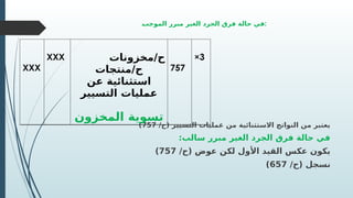 Q
‫ب‬‫الموج‬ ‫مبرر‬ ‫الغير‬ ‫الجرد‬ ‫فرق‬ ‫حالة‬ ‫في‬:
/‫(ح‬ ‫التسيير‬ ‫عمليات‬ ‫من‬ ‫االستثنائية‬ ‫النواتج‬ ‫من‬ ‫يعتبر‬
757
)
:‫سالب‬ ‫مبرر‬ ‫الغير‬ ‫الجرد‬ ‫فرق‬ ‫حالة‬ ‫في‬
/‫(ح‬ ‫عوض‬ ‫لكن‬ ‫األول‬ ‫القيد‬ ‫عكس‬ ‫يكون‬
757
)
/‫(ح‬ ‫نسجل‬
657
)
XXX
XXX ‫ح‬
‫مخزونات‬/
‫منتجات‬/‫ح‬
‫عن‬ ‫استثنائية‬
‫التسيير‬ ‫عمليات‬
‫المخزون‬ ‫تسوية‬
757
×3
 