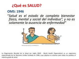¿Qué es SALUD?
OMS: 1946
“Salud es el estado de completo bienestar
físico, mental y social del individuo”, y no es
solamente la ausencia de enfermedad”
La Organización Mundial de la Salud (en inglés WHO - World Health Organization) es un organismo
especializado de las Naciones Unidas fundado en 1948, cuyo objetivo es alcanzar para todos los pueblos el
máximo grado de salud.
 