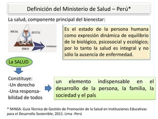 Definición del Ministerio de Salud – Perú*
La salud, componente principal del bienestar:
un elemento indispensable en el
desarrollo de la persona, la familia, la
sociedad y el país
* MINSA. Guía Técnica de Gestión de Promoción de la Salud en Instituciones Educativas
para el Desarrollo Sostenible, 2011. Lima -Perú
Es el estado de la persona humana
como expresión dinámica de equilibrio
de lo biológico, psicosocial y ecológico;
por lo tanto la salud es integral y no
sólo la ausencia de enfermedad.
La SALUD
Constituye:
-Un derecho
-Una responsa-
bilidad de todos
 
