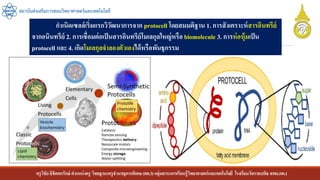 ครูวิชัยลิขิตพรรักษ์ ตาแหน่งครู วิทยฐานะครูชานาญการพิเศษ(คศ.3)กลุ่มสาระการเรียนรู้วิทยาศาสตร์และเทคโนโลยี โรงเรียนวัดราชบพิธ สพม.กท.1
สถาบันส่งเสริมการสอนวิทยาศาสตร์และเทคโนโลยี
กาเนิดเซลล์เริ่มแรกวิวัฒนาการจาก protocell โดยสมมติฐาน 1. การสังเคราะห์สารอินทรีย์
จากอนินทรีย์ 2. การเชื่อมต่อเป็นสารอินทรีย์โมเลกุลใหญ่หรือbiomolecule 3. การห่อหุ้มเป็น
protocell และ 4. เกิดโมเลกุลจาลองตัวเองได้หรือพันธุกรรม
 