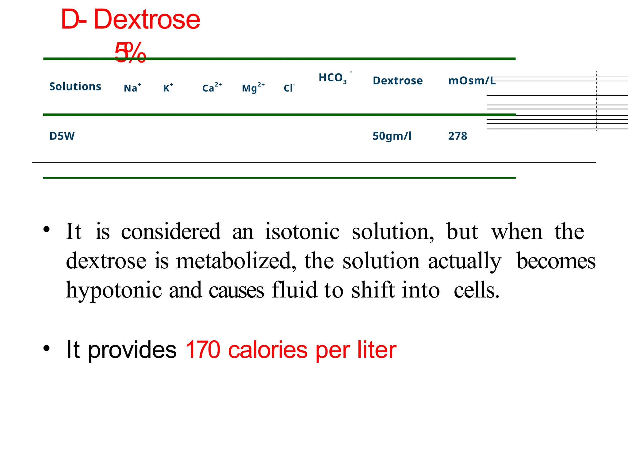 • It is considered an isotonic solution, but when the
dextrose is metabolized, the solution actually becomes
hypotonic and causes fluid to shift into cells.
• It provides 170 calories per liter
D- Dextrose
5
%
Solutions Na
+
K
+
Ca
2+
Mg
2+
Cl
-
-
HCO3 Dextrose mOsm/L
D5W 50gm/l 278
 