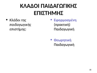 ΚΛΑΔΟΙ ΠΑΙΔΑΓΩΓΙΚΗΣ
ΕΠΙΣΤΗΜΗΣ
• Κλάδοι της
παιδαγωγικής
επιστήμης:
• Εφαρμοσμένη
(πρακτική)
Παιδαγωγική
• Θεωρητική
Παιδαγωγική
18
 