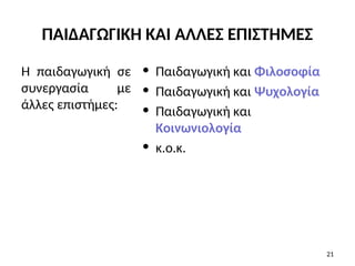 • Παιδαγωγική και Φιλοσοφία
• Παιδαγωγική και Ψυχολογία
• Παιδαγωγική και
Κοινωνιολογία
• κ.ο.κ.
Η παιδαγωγική σε
συνεργασία με
άλλες επιστήμες:
21
ΠΑΙΔΑΓΩΓΙΚΗ ΚΑΙ ΑΛΛΕΣ ΕΠΙΣΤΗΜΕΣ
 
