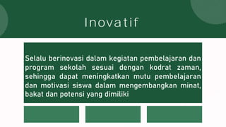 Selalu berinovasi dalam kegiatan pembelajaran dan
program sekolah sesuai dengan kodrat zaman,
sehingga dapat meningkatkan mutu pembelajaran
dan motivasi siswa dalam mengembangkan minat,
bakat dan potensi yang dimiliki
Inovatif
 