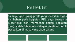 Sebagai guru penggerak yang memiliki tugas
tambahan pada kegiatan PKL saya berusaha
Merefleksi dan memaknai setiap kegiatan
yang sudah dilakukan sebagai panduan untuk
perbaikan di masa yang akan datang
Reflektif
 