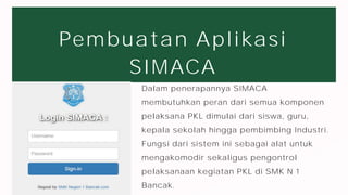 Pembuatan Aplikasi
SIMACA
larana
company
Lorem ipsum dolor sit amet,
consectetur adipiscing elit. Duis
vulputate nulla at ante rhoncus,
vel efficitur felis condimentum.
Proin odio odio.
Dalam penerapannya SIMACA
membutuhkan peran dari semua komponen
pelaksana PKL dimulai dari siswa, guru,
kepala sekolah hingga pembimbing Industri.
Fungsi dari sistem ini sebagai alat untuk
mengakomodir sekaligus pengontrol
pelaksanaan kegiatan PKL di SMK N 1
Bancak.
 