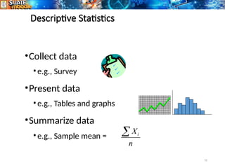 10
Descriptive Statistics
•Collect data
•e.g., Survey
•Present data
•e.g., Tables and graphs
•Summarize data
•e.g., Sample mean = i
X
n

 