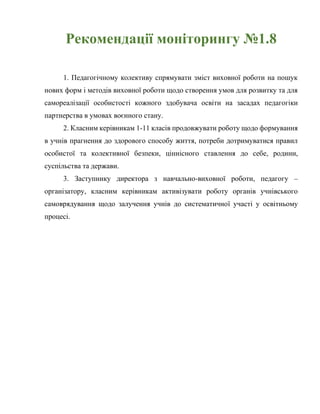 Рекомендації моніторингу №1.8
1. Педагогічному колективу спрямувати зміст виховної роботи на пошук
нових форм і методів виховної роботи щодо створення умов для розвитку та для
самореалізації особистості кожного здобувача освіти на засадах педагогіки
партнерства в умовах воєнного стану.
2. Класним керівникам 1-11 класів продовжувати роботу щодо формування
в учнів прагнення до здорового способу життя, потреби дотримуватися правил
особистої та колективної безпеки, ціннісного ставлення до себе, родини,
суспільства та держави.
3. Заступнику директора з навчально-виховної роботи, педагогу –
організатору, класним керівникам активізувати роботу органів учнівського
самоврядування щодо залучення учнів до систематичної участі у освітньому
процесі.
 