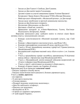 - Заходи до Дня Гідності і Свободи, Дня Єднання;
- Заходи до Дня пам'яті жертв Голодомору;
- Духовні години за участю священника церкви Успіння Пресвятої
Богородиці і Храму Божого Милосердя УГКЦ о.Віктора Мендюка;
- Майстер-класи «Новорічний», «Великодній розпис», до Дня матері
- Заходи щодо запобігання та протидії домашньому насильству;
- Заходи до Дня безпечного інтернету;
- Фотоколаж «Моя родина» до Дня сім’ї;
- Фестиваль «Ліцей має таланти»;
- Проведення екскурсій до м.Івано-Франківська, Галича, Кам’янця-
Подільського, Богородчан, Львова
Впродовж навчального року здобувачі освіти та вчителі ліцею брали
активну участь у загальноміських заходах:
• Конкурс солістів-вокалістів «Пісенний водограй» (участь, кер. Смій
І.М.);
• Конкурс з образотворчого мистецтва (участь, кер.Філяк З.Я.);
• Конкурс хореографічних колективів (ІІ місце, кер.Козолиз І.П.);
• Участь у 20-ому традиційному шаховому турнірі ім.Є.Гірника (вчитель
Михайловський В.В.);
• Всеукраїнський спортивно-масовий захід «Пліч-о-пліч»» ( вч. Ігнатюк
Т.А.);
• Участь у традиційному турнірі з волейболу, присвяченому 35-ій річниці
виводу військ з Афганістану (кер.Михайловський В.В.);
• Участь у Всеукраїнській дитячо-юнацькій військово-патріотичній грі
«Сокіл» («Джура») (кер.Михайловський В.В.);
• Участь у квесті з орієнтуванні на місцевості «Дзвін-квест»;
• Конкурс «Серцем єдиним, ми-Україна» (ІІ місце).
Впродовж року були проведені тематичні тижні:
- Тиждень здорового способу життя;
- Тиждень основ безпеки життєдіяльності, безпеки дорожнього руху;
Участь у акціях, проєктах:
- еко-маратон;
- 16 днів проти насильства;
- «Смілива гривня»;
- «Подаруй захиснику патріотичну валентинку»;
- «День без мобільного телефону»;
- «Пакунок для захисника»;
- «Колядуймо на ЗСУ»
- «5 кроків до здорового харчування»;
- «У моїй мирній Україні»;
 
