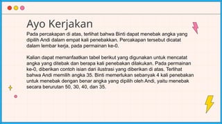 Ayo Kerjakan
Pada percakapan di atas, terlihat bahwa Binti dapat menebak angka yang
dipilih Andi dalam empat kali penebakkan. Percakapan tersebut dicatat
dalam lembar kerja, pada permainan ke-0.
Kalian dapat memanfaatkan tabel berikut yang digunakan untuk mencatat
angka yang ditebak dan berapa kali penebakan dilakukan. Pada permainan
ke-0, diberikan contoh isian dari ilustrasi yang diberikan di atas. Terlihat
bahwa Andi memilih angka 35. Binti memerlukan sebanyak 4 kali penebakan
untuk menebak dengan benar angka yang dipilih oleh Andi, yaitu menebak
secara berurutan 50, 30, 40, dan 35.
 