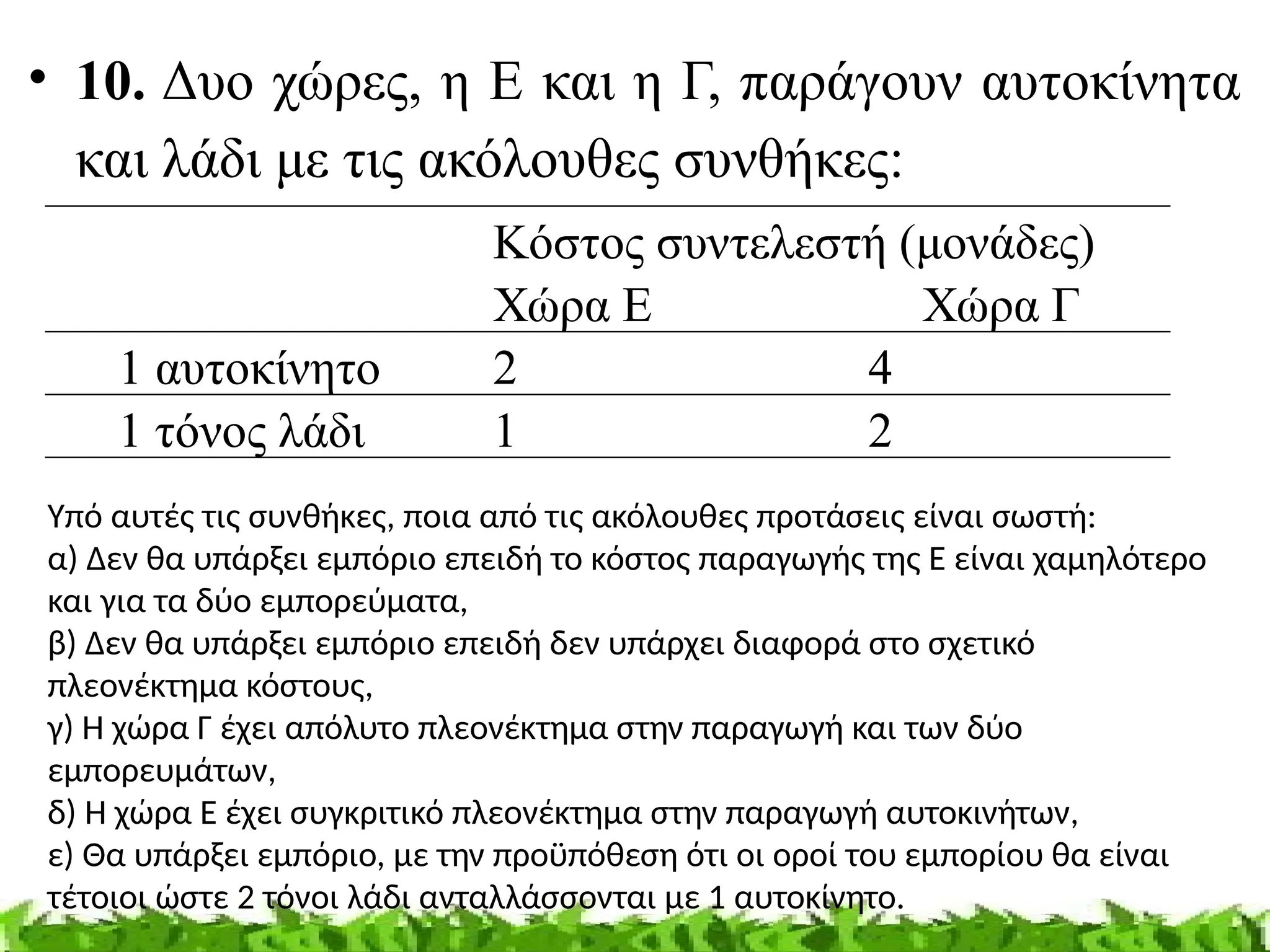 • 10. Δυο χώρες, η Ε και η Γ, παράγουν αυτοκίνητα
και λάδι με τις ακόλουθες συνθήκες:
Κόστος συντελεστή (μονάδες)
Χώρα Ε Χώρα Γ
1 αυτοκίνητο 2 4
1 τόνος λάδι 1 2
Υπό αυτές τις συνθήκες, ποια από τις ακόλουθες προτάσεις είναι σωστή:
α) Δεν θα υπάρξει εμπόριο επειδή το κόστος παραγωγής της Ε είναι χαμηλότερο
και για τα δύο εμπορεύματα,
β) Δεν θα υπάρξει εμπόριο επειδή δεν υπάρχει διαφορά στο σχετικό
πλεονέκτημα κόστους,
γ) Η χώρα Γ έχει απόλυτο πλεονέκτημα στην παραγωγή και των δύο
εμπορευμάτων,
δ) Η χώρα Ε έχει συγκριτικό πλεονέκτημα στην παραγωγή αυτοκινήτων,
ε) Θα υπάρξει εμπόριο, με την προϋπόθεση ότι οι οροί του εμπορίου θα είναι
τέτοιοι ώστε 2 τόνοι λάδι ανταλλάσσονται με 1 αυτοκίνητο.
 