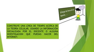 CONSTRUYE UNA LÍNEA DE TIEMPO ACERCA DE
LA TEORÍA CELULAR, USANDO LA INFORMACIÓN
SOCIALIZADA POR EL DOCENTE O ALGUNA
INVESTIGACION QUE PUEDAS HACER DEL
INTERNET.
 