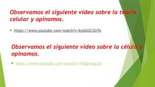 Observamos el siguiente video sobre la teoría
celular y opinamos.
 https://www.youtube.com/watch?v=6yAGGCiGiTo
Observamos el siguiente video sobre la célula y
opinamos.
 https://www.youtube.com/watch?v=WQgwaigJlsI
 