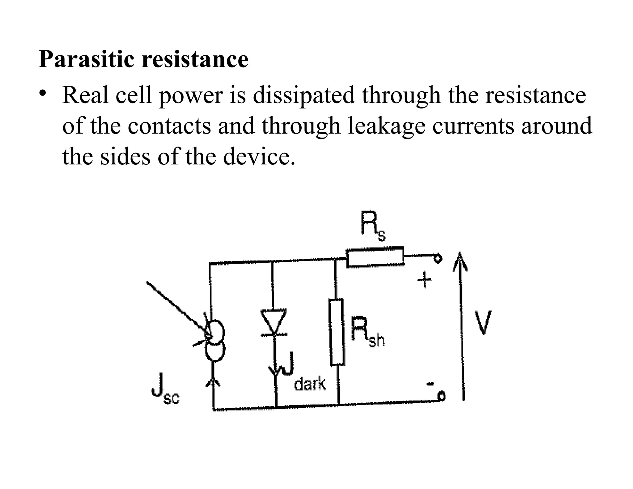 Parasitic resistance
• Real cell power is dissipated through the resistance
of the contacts and through leakage currents around
the sides of the device.
 