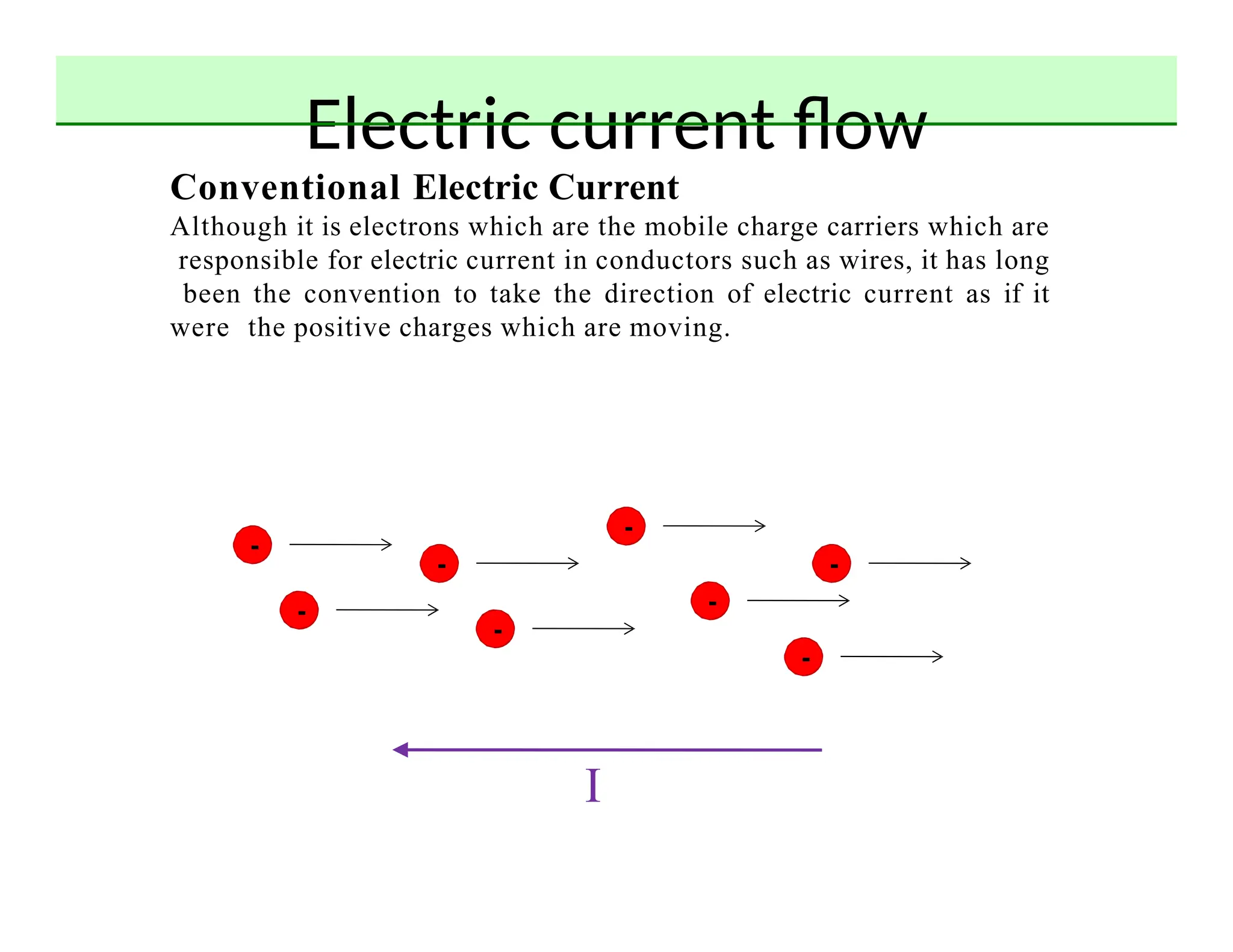 Electric current flow
Conventional Electric Current
Although it is electrons which are the mobile charge carriers which are
responsible for electric current in conductors such as wires, it has long
been the convention to take the direction of electric current as if it
were the positive charges which are moving.
-
-
-
-
-
-
-
-
I
 