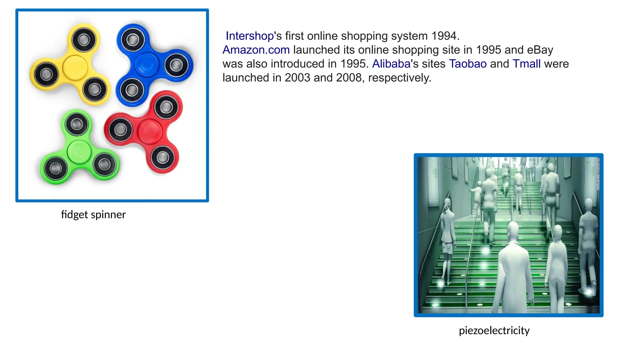 piezoelectricity
fidget spinner
Intershop's first online shopping system 1994.
Amazon.com launched its online shopping site in 1995 and eBay
was also introduced in 1995. Alibaba's sites Taobao and Tmall were
launched in 2003 and 2008, respectively.
 