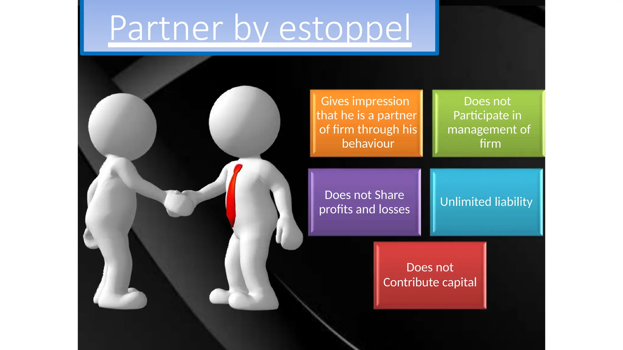 Partner by estoppel
Does not
Contribute capital
Does not
Participate in
management of
firm
Does not Share
profits and losses
Unlimited liability
Gives impression
that he is a partner
of firm through his
behaviour
 