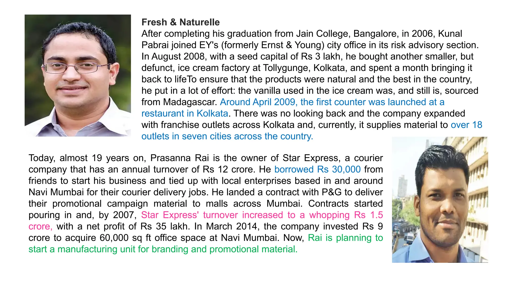 Fresh & Naturelle
After completing his graduation from Jain College, Bangalore, in 2006, Kunal
Pabrai joined EY's (formerly Ernst & Young) city office in its risk advisory section.
In August 2008, with a seed capital of Rs 3 lakh, he bought another smaller, but
defunct, ice cream factory at Tollygunge, Kolkata, and spent a month bringing it
back to lifeTo ensure that the products were natural and the best in the country,
he put in a lot of effort: the vanilla used in the ice cream was, and still is, sourced
from Madagascar. Around April 2009, the first counter was launched at a
restaurant in Kolkata. There was no looking back and the company expanded
with franchise outlets across Kolkata and, currently, it supplies material to over 18
outlets in seven cities across the country.
Today, almost 19 years on, Prasanna Rai is the owner of Star Express, a courier
company that has an annual turnover of Rs 12 crore. He borrowed Rs 30,000 from
friends to start his business and tied up with local enterprises based in and around
Navi Mumbai for their courier delivery jobs. He landed a contract with P&G to deliver
their promotional campaign material to malls across Mumbai. Contracts started
pouring in and, by 2007, Star Express' turnover increased to a whopping Rs 1.5
crore, with a net profit of Rs 35 lakh. In March 2014, the company invested Rs 9
crore to acquire 60,000 sq ft office space at Navi Mumbai. Now, Rai is planning to
start a manufacturing unit for branding and promotional material.
 