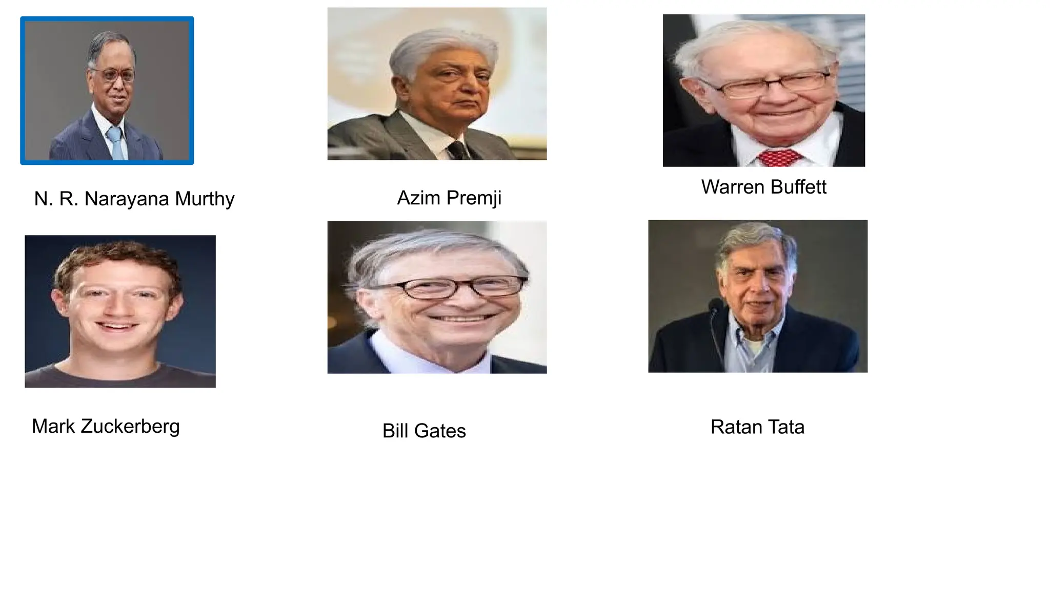 N. R. Narayana Murthy Azim Premji
Warren Buffett
Mark Zuckerberg Bill Gates Ratan Tata
 