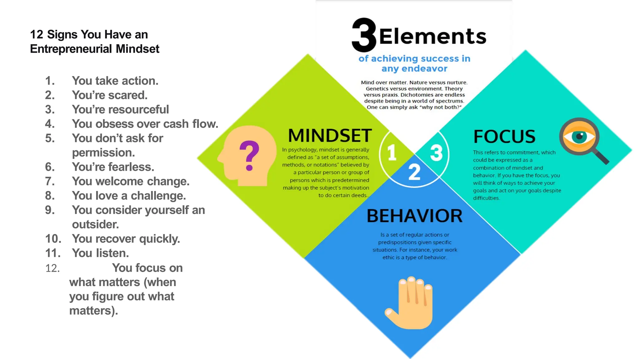 12 Signs You Have an
Entrepreneurial Mindset
1. You take action.
2. You’re scared.
3. You’re resourceful
4. You obsess over cash flow.
5. You don’t ask for
permission.
6. You’re fearless.
7. You welcome change.
8. You love a challenge.
9. You consider yourself an
outsider.
10. You recover quickly.
11. You listen.
12. You focus on
what matters (when
you figure out what
matters).
 