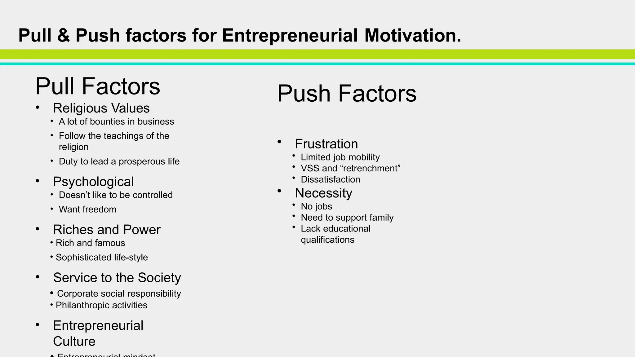 Pull Factors
• Religious Values
• A lot of bounties in business
• Follow the teachings of the
religion
• Duty to lead a prosperous life
• Psychological
• Doesn’t like to be controlled
• Want freedom
• Riches and Power
• Rich and famous
• Sophisticated life-style
• Service to the Society
• Corporate social responsibility
• Philanthropic activities
• Entrepreneurial
Culture
Push Factors
• Frustration
• Limited job mobility
• VSS and “retrenchment”
• Dissatisfaction
• Necessity
• No jobs
• Need to support family
• Lack educational
qualifications
Pull & Push factors for Entrepreneurial Motivation.
 