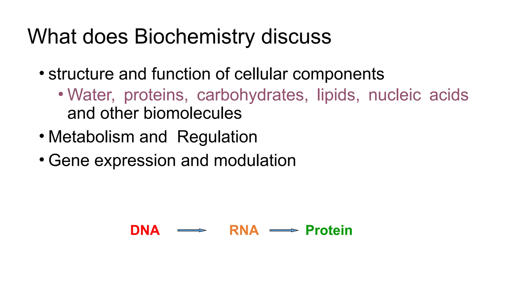 What does Biochemistry discuss
• structure and function of cellular components
• Water, proteins, carbohydrates, lipids, nucleic acids
and other biomolecules
• Metabolism and Regulation
• Gene expression and modulation
DNA RNA Protein
 