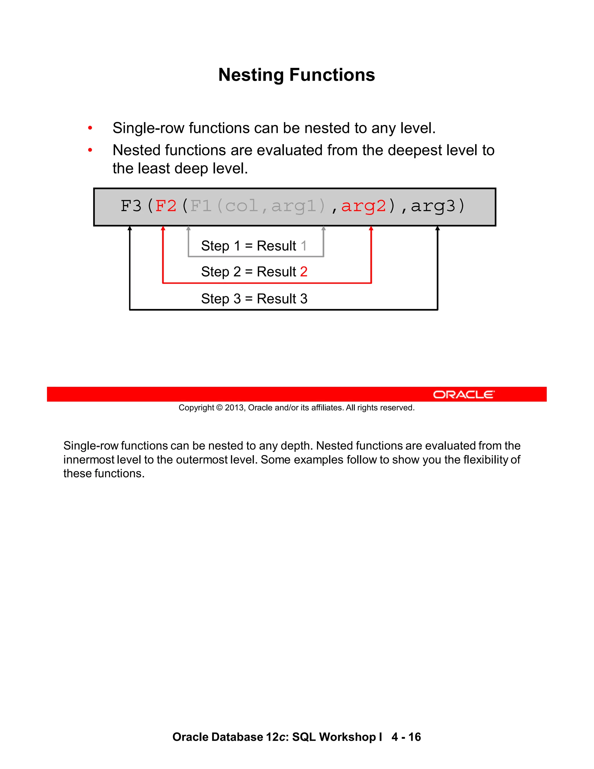 Single-row functions can be nested to any depth. Nested functions are evaluated from the
innermost level to the outermost level. Some examples follow to show you the flexibility of
these functions.
Oracle Database 12c: SQL Workshop I 4 - 16
Copyright © 2013, Oracle and/or its affiliates. All rights reserved.
Nesting Functions
• Single-row functions can be nested to any level.
• Nested functions are evaluated from the deepest level to
the least deep level.
F3(F2(F1(col,arg1),arg2),arg3)
Step 1 = Result 1
Step 2 = Result 2
Step 3 = Result 3
 
