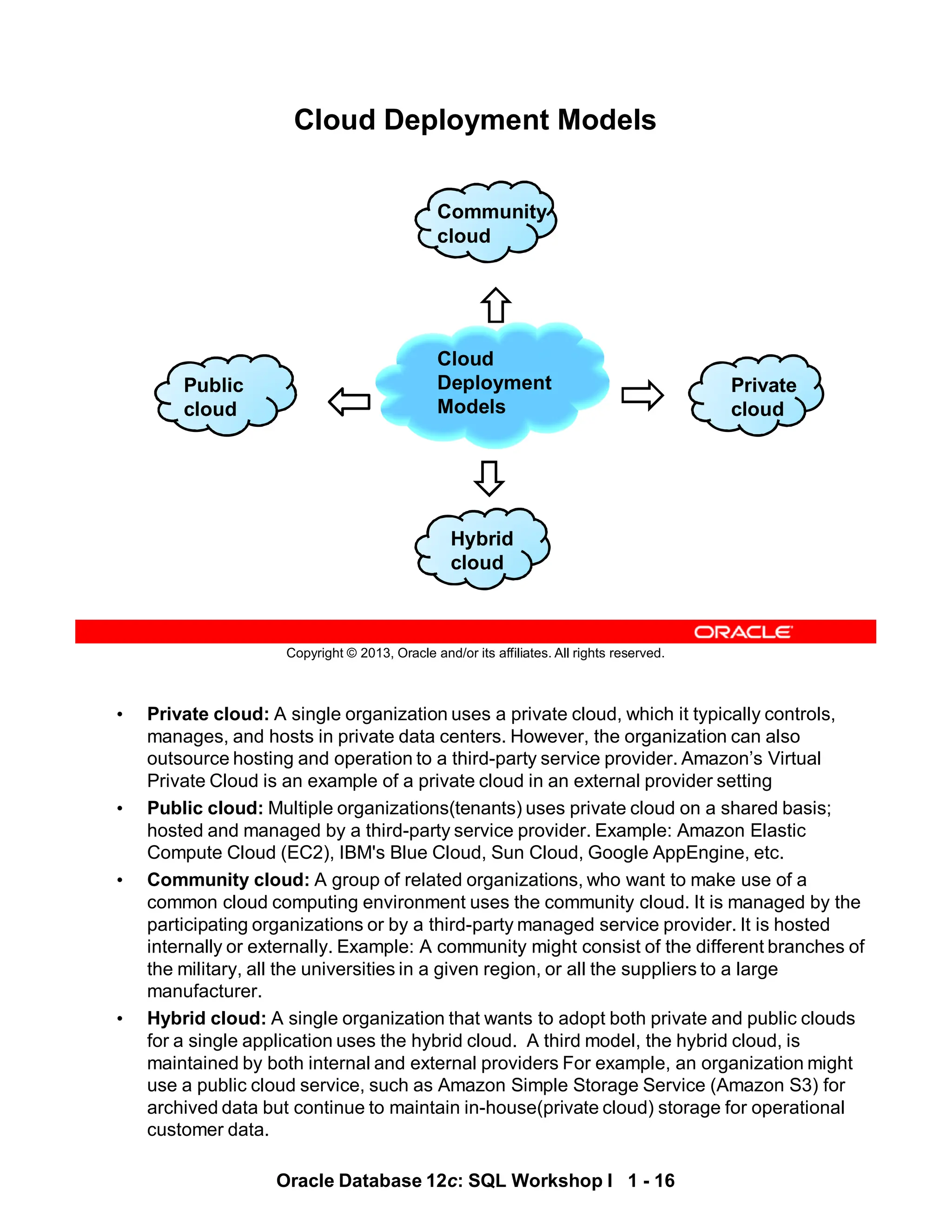 • Private cloud: A single organization uses a private cloud, which it typically controls,
manages, and hosts in private data centers. However, the organization can also
outsource hosting and operation to a third-party service provider. Amazon’s Virtual
Private Cloud is an example of a private cloud in an external provider setting
• Public cloud: Multiple organizations(tenants) uses private cloud on a shared basis;
hosted and managed by a third-party service provider. Example: Amazon Elastic
Compute Cloud (EC2), IBM's Blue Cloud, Sun Cloud, Google AppEngine, etc.
• Community cloud: A group of related organizations, who want to make use of a
common cloud computing environment uses the community cloud. It is managed by the
participating organizations or by a third-party managed service provider. It is hosted
internally or externally. Example: A community might consist of the different branches of
the military, all the universities in a given region, or all the suppliers to a large
manufacturer.
• Hybrid cloud: A single organization that wants to adopt both private and public clouds
for a single application uses the hybrid cloud. A third model, the hybrid cloud, is
maintained by both internal and external providers For example, an organization might
use a public cloud service, such as Amazon Simple Storage Service (Amazon S3) for
archived data but continue to maintain in-house(private cloud) storage for operational
customer data.
Oracle Database 12c: SQL Workshop I 1 - 16
Copyright © 2013, Oracle and/or its affiliates. All rights reserved.
Cloud Deployment Models
Cloud
Deployment
Models
Hybrid
cloud
Community
cloud
Private
cloud
Public
cloud
Private
cloud
Hybrid
cloud
 