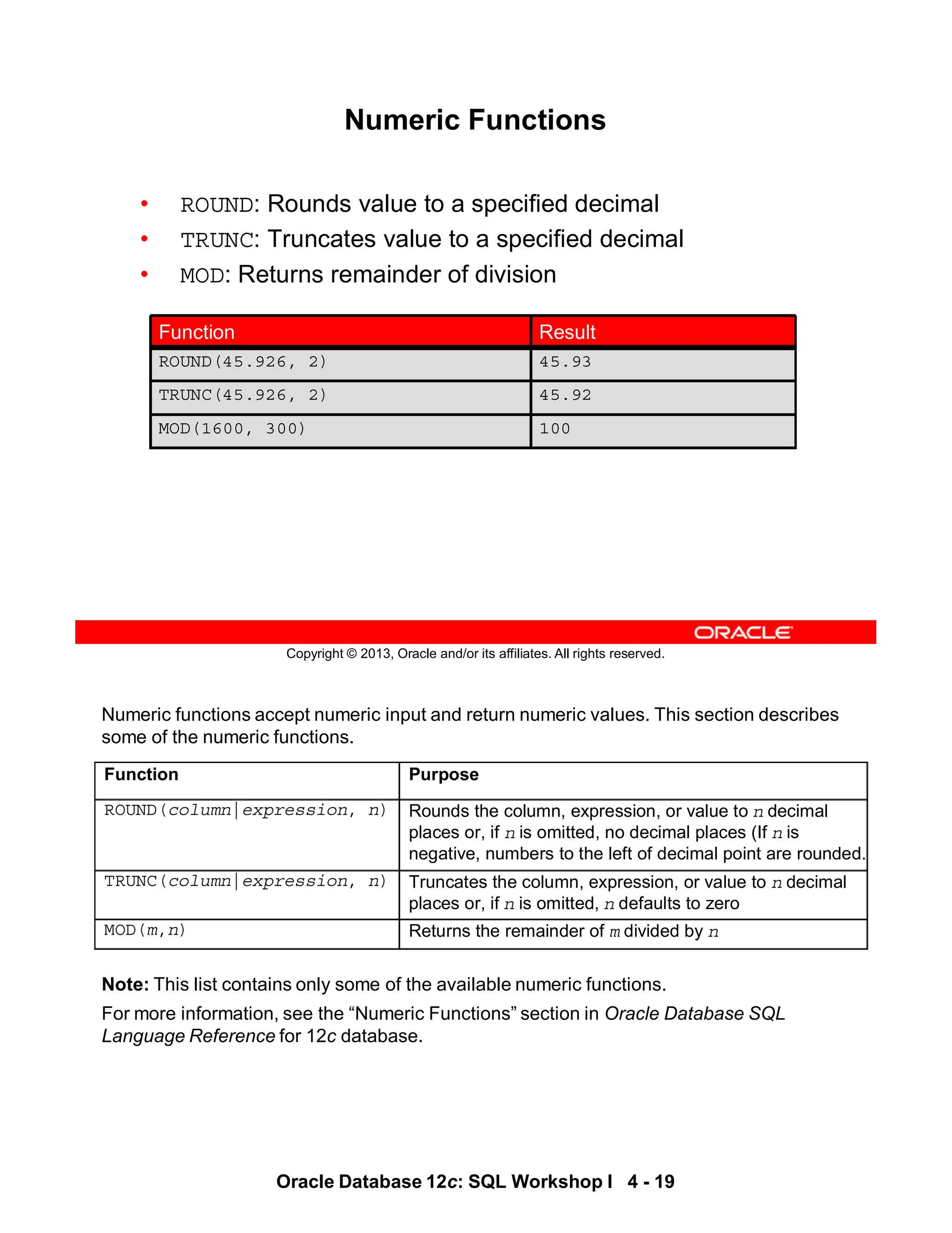 Numeric functions accept numeric input and return numeric values. This section describes
some of the numeric functions.
Note: This list contains only some of the available numeric functions.
For more information, see the “Numeric Functions” section in Oracle Database SQL
Language Reference for 12c database.
Function Purpose
ROUND(column|expression, n) Rounds the column, expression, or value to n decimal
places or, if n is omitted, no decimal places (If n is
negative, numbers to the left of decimal point are rounded.
TRUNC(column|expression, n) Truncates the column, expression, or value to n decimal
places or, if n is omitted, n defaults to zero
MOD(m,n) Returns the remainder of m divided by n
Oracle Database 12c: SQL Workshop I 4 - 19
Copyright © 2013, Oracle and/or its affiliates. All rights reserved.
Numeric Functions
• ROUND: Rounds value to a specified decimal
• TRUNC: Truncates value to a specified decimal
• MOD: Returns remainder of division
100
MOD(1600, 300)
45.93
ROUND(45.926, 2)
45.92
TRUNC(45.926, 2)
Result
Function
 