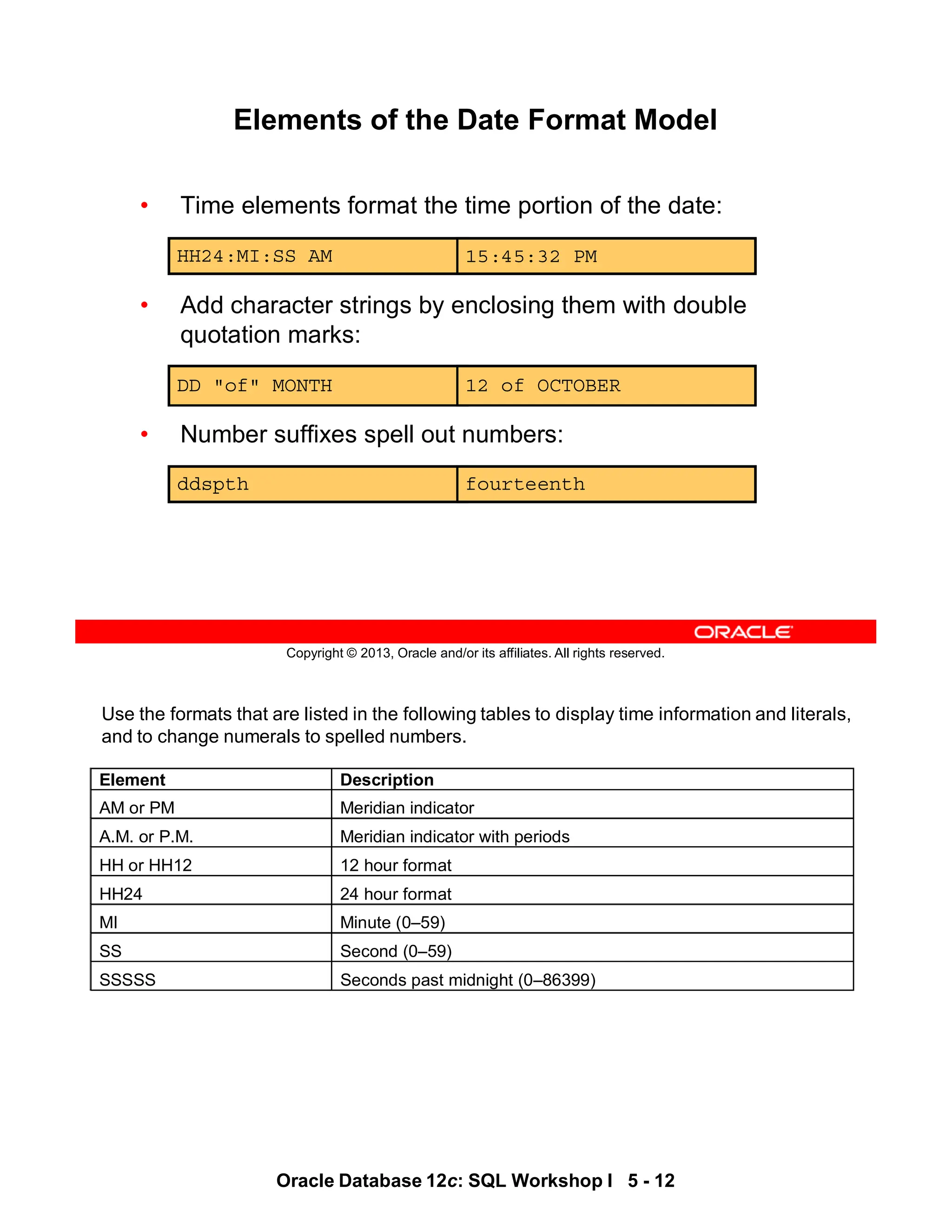 Use the formats that are listed in the following tables to display time information and literals,
and to change numerals to spelled numbers.
Element Description
AM or PM Meridian indicator
A.M. or P.M. Meridian indicator with periods
HH or HH12 12 hour format
HH24 24 hour format
MI Minute (0–59)
SS Second (0–59)
SSSSS Seconds past midnight (0–86399)
Oracle Database 12c: SQL Workshop I 5 - 12
Copyright © 2013, Oracle and/or its affiliates. All rights reserved.
Elements of the Date Format Model
• Time elements format the time portion of the date:
• Add character strings by enclosing them with double
quotation marks:
• Number suffixes spell out numbers:
DD "of" MONTH 12 of OCTOBER
ddspth fourteenth
HH24:MI:SS AM 15:45:32 PM
 