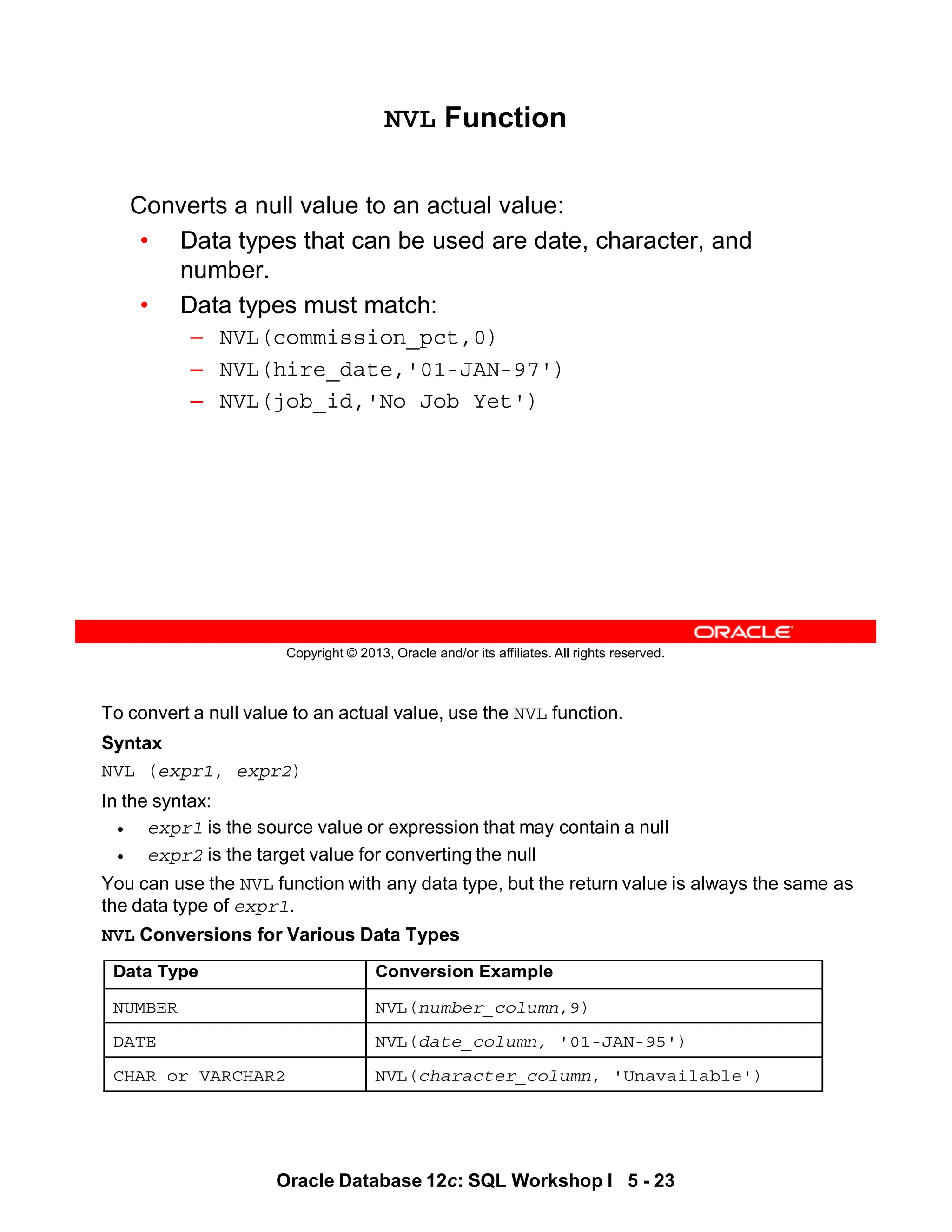 To convert a null value to an actual value, use the NVL function.
Syntax
NVL (expr1, expr2)
In the syntax:
• expr1 is the source value or expression that may contain a null
• expr2 is the target value for converting the null
You can use the NVL function with any data type, but the return value is always the same as
the data type of expr1.
NVL Conversions for Various Data Types
Data Type Conversion Example
NUMBER NVL(number_column,9)
DATE NVL(date_column, '01-JAN-95')
CHAR or VARCHAR2 NVL(character_column, 'Unavailable')
Oracle Database 12c: SQL Workshop I 5 - 23
Copyright © 2013, Oracle and/or its affiliates. All rights reserved.
NVL Function
Converts a null value to an actual value:
• Data types that can be used are date, character, and
number.
• Data types must match:
– NVL(commission_pct,0)
– NVL(hire_date,'01-JAN-97')
– NVL(job_id,'No Job Yet')
 
