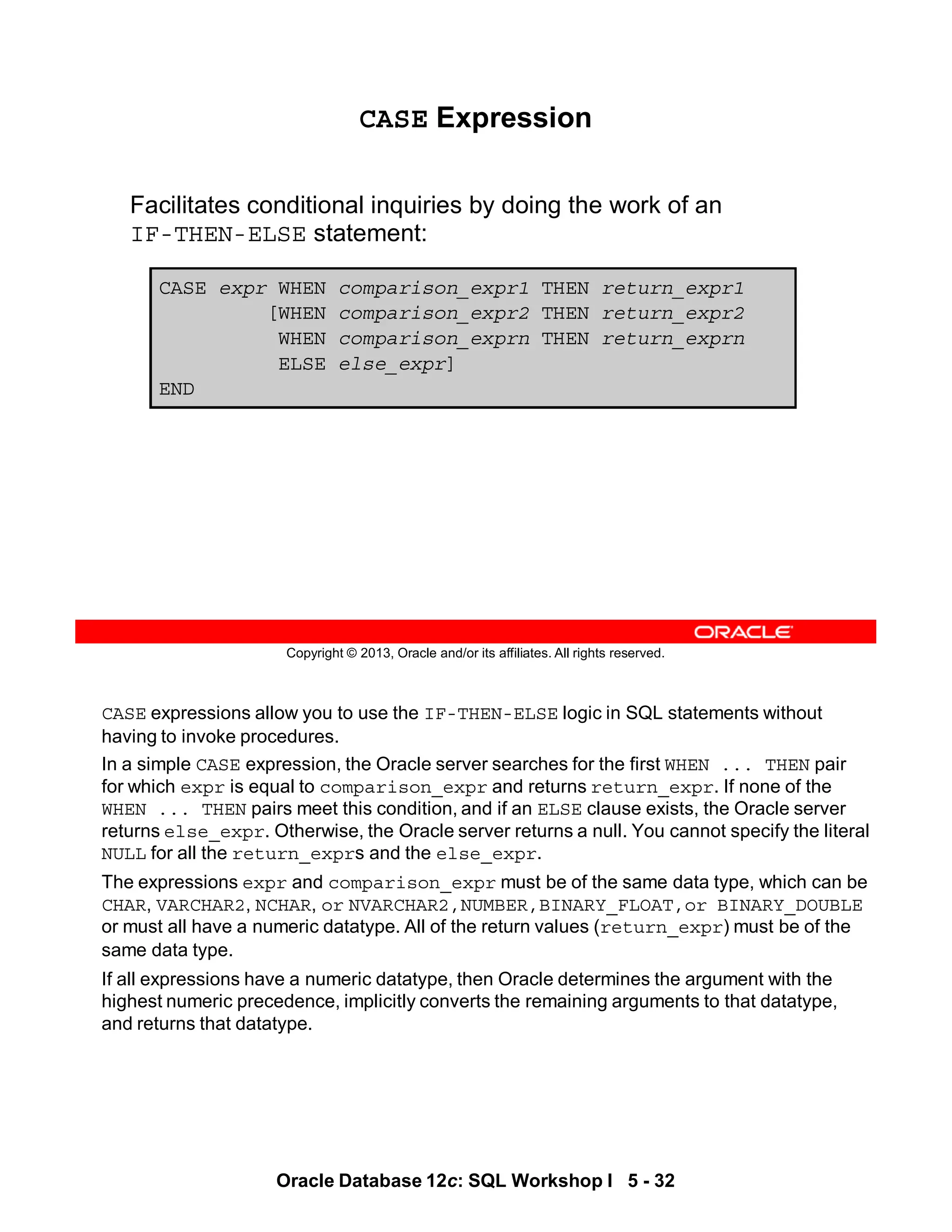 CASE expressions allow you to use the IF-THEN-ELSE logic in SQL statements without
having to invoke procedures.
In a simple CASE expression, the Oracle server searches for the first WHEN ... THEN pair
for which expr is equal to comparison_expr and returns return_expr. If none of the
WHEN ... THEN pairs meet this condition, and if an ELSE clause exists, the Oracle server
returns else_expr. Otherwise, the Oracle server returns a null. You cannot specify the literal
NULL for all the return_exprs and the else_expr.
The expressions expr and comparison_expr must be of the same data type, which can be
CHAR, VARCHAR2, NCHAR, or NVARCHAR2,NUMBER,BINARY_FLOAT,or BINARY_DOUBLE
or must all have a numeric datatype. All of the return values (return_expr) must be of the
same data type.
If all expressions have a numeric datatype, then Oracle determines the argument with the
highest numeric precedence, implicitly converts the remaining arguments to that datatype,
and returns that datatype.
Oracle Database 12c: SQL Workshop I 5 - 32
Copyright © 2013, Oracle and/or its affiliates. All rights reserved.
CASE Expression
Facilitates conditional inquiries by doing the work of an
IF-THEN-ELSE statement:
CASE expr WHEN comparison_expr1 THEN return_expr1
[WHEN comparison_expr2 THEN return_expr2
WHEN comparison_exprn THEN return_exprn
ELSE else_expr]
END
 