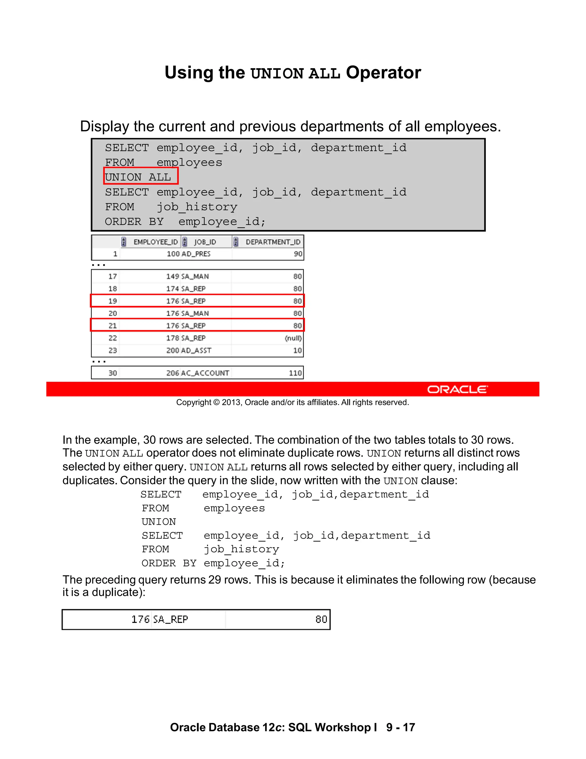 In the example, 30 rows are selected. The combination of the two tables totals to 30 rows.
The UNION ALL operator does not eliminate duplicate rows. UNION returns all distinct rows
selected by either query. UNION ALL returns all rows selected by either query, including all
duplicates. Consider the query in the slide, now written with the UNION clause:
SELECT employee_id, job_id,department_id
FROM employees
UNION
SELECT employee_id, job_id,department_id
FROM job_history
ORDER BY employee_id;
The preceding query returns 29 rows. This is because it eliminates the following row (because
it is a duplicate):
Oracle Database 12c: SQL Workshop I 9 - 17
Copyright © 2013, Oracle and/or its affiliates. All rights reserved.
Using the UNION ALL Operator
Display the current and previous departments of all employees.
SELECT employee_id, job_id, department_id
FROM employees
UNION ALL
SELECT employee_id, job_id, department_id
FROM job_history
ORDER BY employee_id;
…
…
 