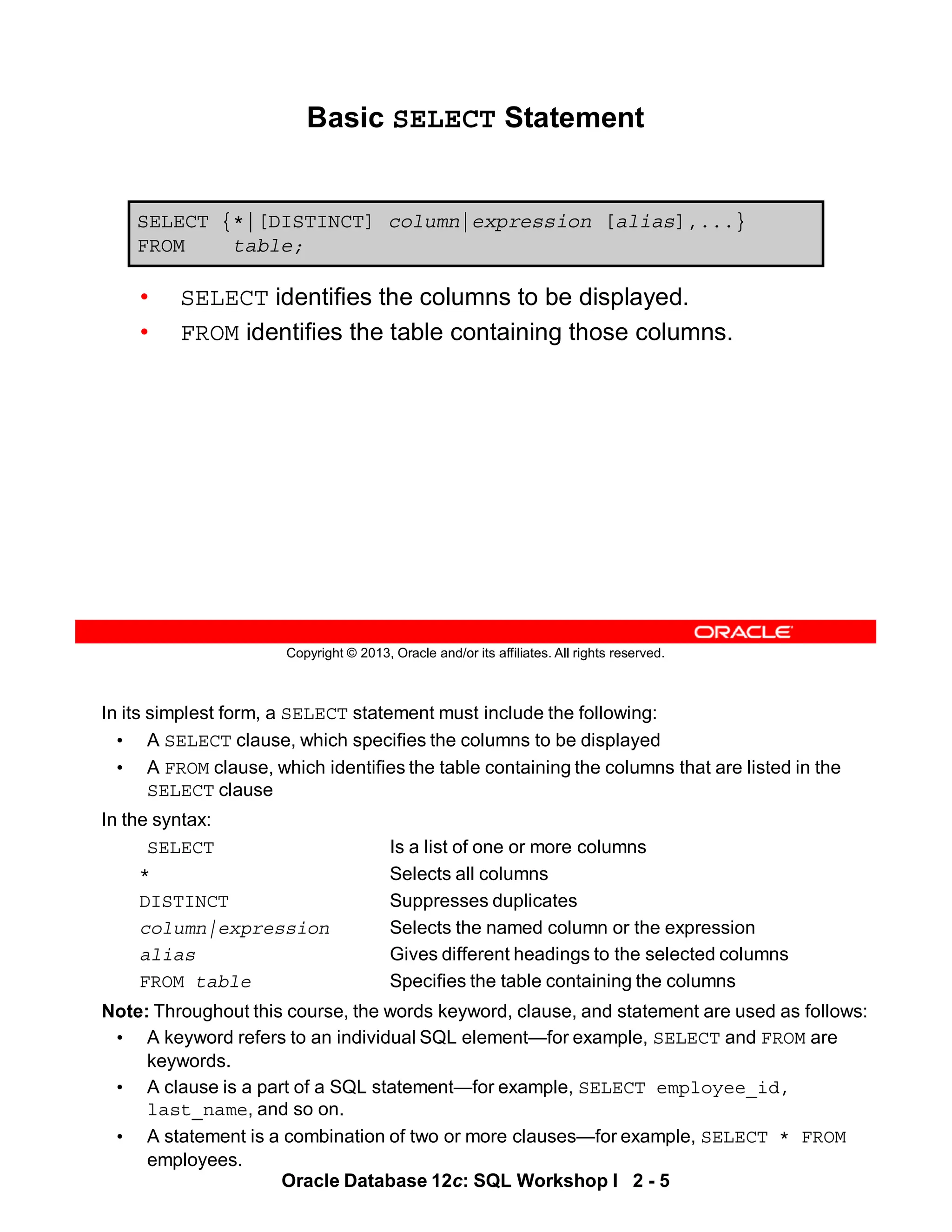 In its simplest form, a SELECT statement must include the following:
• A SELECT clause, which specifies the columns to be displayed
• A FROM clause, which identifies the table containing the columns that are listed in the
SELECT clause
In the syntax:
SELECT Is a list of one or more columns
* Selects all columns
DISTINCT Suppresses duplicates
column|expression Selects the named column or the expression
alias Gives different headings to the selected columns
FROM table Specifies the table containing the columns
Note: Throughout this course, the words keyword, clause, and statement are used as follows:
• A keyword refers to an individual SQL element—for example, SELECT and FROM are
keywords.
• A clause is a part of a SQL statement—for example, SELECT employee_id,
last_name, and so on.
• A statement is a combination of two or more clauses—for example, SELECT * FROM
employees.
Oracle Database 12c: SQL Workshop I 2 - 5
Copyright © 2013, Oracle and/or its affiliates. All rights reserved.
Basic SELECT Statement
• SELECT identifies the columns to be displayed.
• FROM identifies the table containing those columns.
SELECT {*|[DISTINCT] column|expression [alias],...}
FROM table;
 