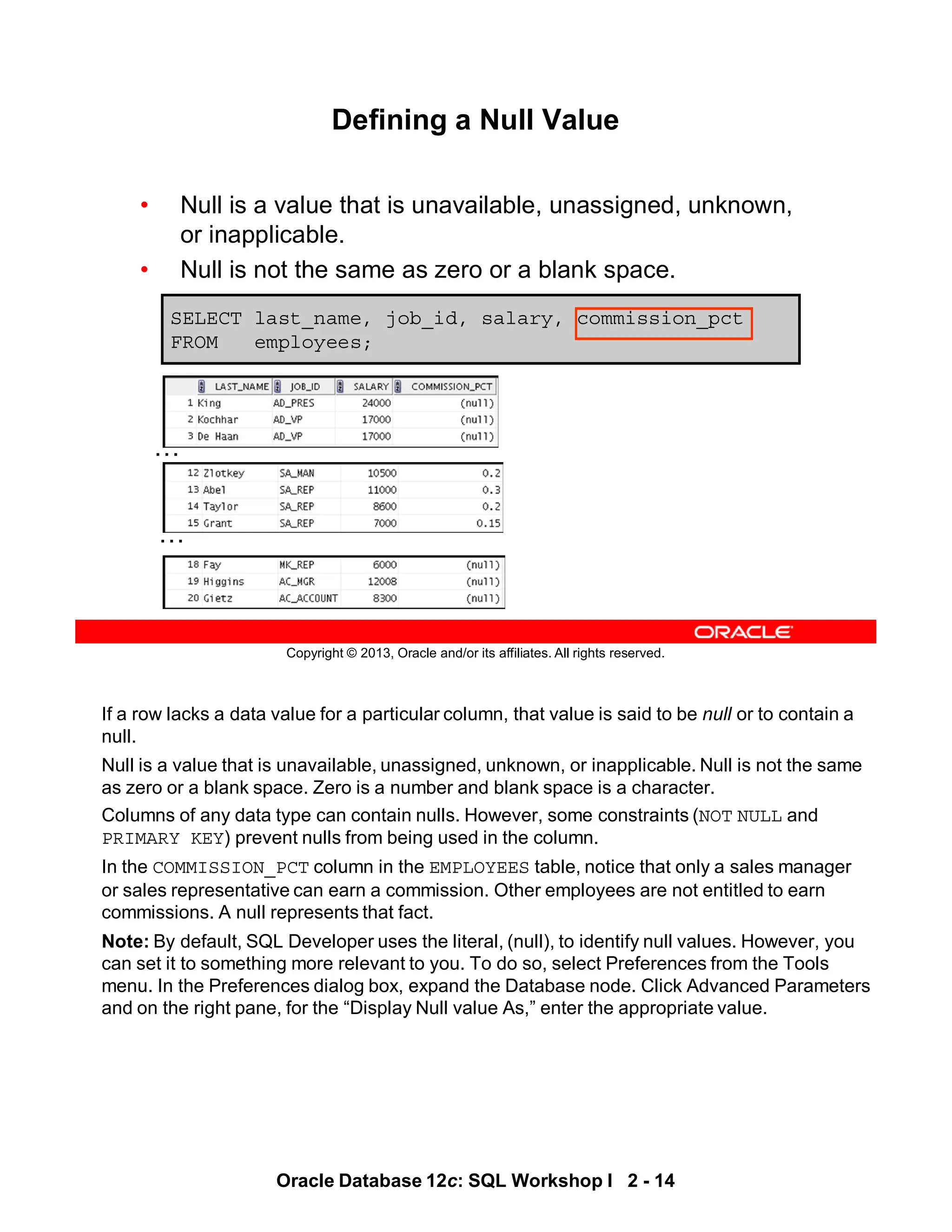If a row lacks a data value for a particular column, that value is said to be null or to contain a
null.
Null is a value that is unavailable, unassigned, unknown, or inapplicable. Null is not the same
as zero or a blank space. Zero is a number and blank space is a character.
Columns of any data type can contain nulls. However, some constraints (NOT NULL and
PRIMARY KEY) prevent nulls from being used in the column.
In the COMMISSION_PCT column in the EMPLOYEES table, notice that only a sales manager
or sales representative can earn a commission. Other employees are not entitled to earn
commissions. A null represents that fact.
Note: By default, SQL Developer uses the literal, (null), to identify null values. However, you
can set it to something more relevant to you. To do so, select Preferences from the Tools
menu. In the Preferences dialog box, expand the Database node. Click Advanced Parameters
and on the right pane, for the “Display Null value As,” enter the appropriate value.
Oracle Database 12c: SQL Workshop I 2 - 14
Copyright © 2013, Oracle and/or its affiliates. All rights reserved.
Defining a Null Value
• Null is a value that is unavailable, unassigned, unknown,
or inapplicable.
• Null is not the same as zero or a blank space.
SELECT last_name, job_id, salary, commission_pct
FROM employees;
…
…
 