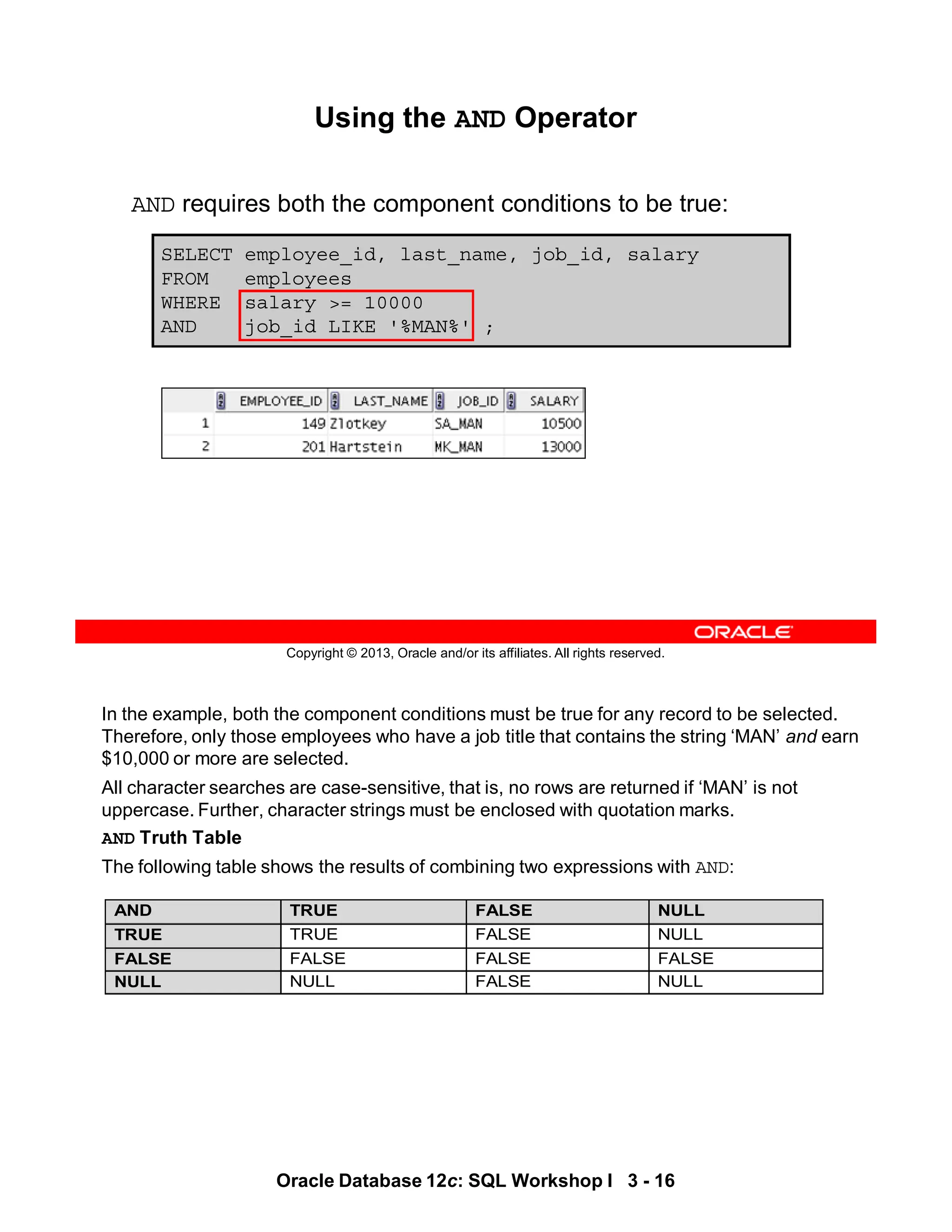 In the example, both the component conditions must be true for any record to be selected.
Therefore, only those employees who have a job title that contains the string ‘MAN’ and earn
$10,000 or more are selected.
All character searches are case-sensitive, that is, no rows are returned if ‘MAN’ is not
uppercase. Further, character strings must be enclosed with quotation marks.
AND Truth Table
The following table shows the results of combining two expressions with AND:
AND TRUE FALSE NULL
TRUE TRUE FALSE NULL
FALSE FALSE FALSE FALSE
NULL NULL FALSE NULL
Oracle Database 12c: SQL Workshop I 3 - 16
Copyright © 2013, Oracle and/or its affiliates. All rights reserved.
Using the AND Operator
AND requires both the component conditions to be true:
SELECT employee_id, last_name, job_id, salary
FROM employees
WHERE salary >= 10000
AND job_id LIKE '%MAN%' ;
 