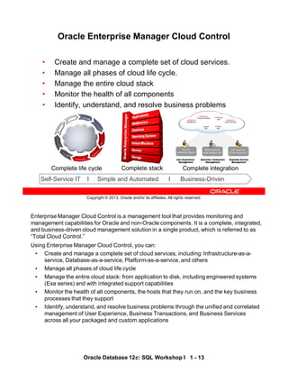 Enterprise Manager Cloud Control is a management tool that provides monitoring and
management capabilities for Oracle and non-Oracle components. It is a complete, integrated,
and business-driven cloud management solution in a single product, which is referred to as
“Total Cloud Control.”
Using Enterprise Manager Cloud Control, you can:
• Create and manage a complete set of cloud services, including: Infrastructure-as-a-
service, Database-as-a-service, Platform-as-a-service, and others
• Manage all phases of cloud life cycle
• Manage the entire cloud stack: from application to disk, including engineered systems
(Exa series) and with integrated support capabilities
• Monitor the health of all components, the hosts that they run on, and the key business
processes that they support
• Identify, understand, and resolve business problems through the unified and correlated
management of User Experience, Business Transactions, and Business Services
across all your packaged and custom applications
Oracle Database 12c: SQL Workshop I 1 - 13
Copyright © 2013, Oracle and/or its affiliates. All rights reserved.
Self-Service IT I Simple and Automated I Business-Driven
Complete life cycle Complete stack Complete integration
Oracle Enterprise Manager Cloud Control
• Create and manage a complete set of cloud services.
• Manage all phases of cloud life cycle.
• Manage the entire cloud stack
• Monitor the health of all components
• Identify, understand, and resolve business problems
 