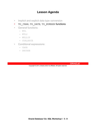 Oracle Database 12c: SQL Workshop I 5 - 9
Copyright © 2013, Oracle and/or its affiliates. All rights reserved.
Lesson Agenda
• Implicit and explicit data type conversion
• TO_CHAR, TO_DATE, TO_NUMBER functions
• General functions:
– NVL
– NVL2
– NULLIF
– COALESCE
• Conditional expressions:
– CASE
– DECODE
 