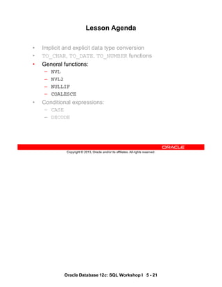 Oracle Database 12c: SQL Workshop I 5 - 21
Copyright © 2013, Oracle and/or its affiliates. All rights reserved.
Lesson Agenda
• Implicit and explicit data type conversion
• TO_CHAR, TO_DATE, TO_NUMBER functions
• General functions:
– NVL
– NVL2
– NULLIF
– COALESCE
• Conditional expressions:
– CASE
– DECODE
 