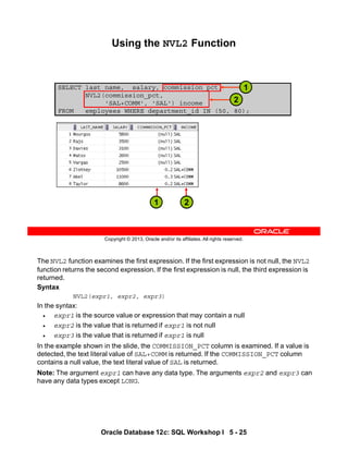 The NVL2 function examines the first expression. If the first expression is not null, the NVL2
function returns the second expression. If the first expression is null, the third expression is
returned.
Syntax
NVL2(expr1, expr2, expr3)
In the syntax:
• expr1 is the source value or expression that may contain a null
• expr2 is the value that is returned if expr1 is not null
• expr3 is the value that is returned if expr1 is null
In the example shown in the slide, the COMMISSION_PCT column is examined. If a value is
detected, the text literal value of SAL+COMM is returned. If the COMMISSION_PCT column
contains a null value, the text literal value of SAL is returned.
Note: The argument expr1 can have any data type. The arguments expr2 and expr3 can
have any data types except LONG.
Oracle Database 12c: SQL Workshop I 5 - 25
Copyright © 2013, Oracle and/or its affiliates. All rights reserved.
SELECT last_name, salary, commission_pct,
NVL2(commission_pct,
'SAL+COMM', 'SAL') income
FROM employees WHERE department_id IN (50, 80);
Using the NVL2 Function
2
2
1
1
 