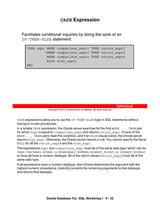 CASE expressions allow you to use the IF-THEN-ELSE logic in SQL statements without
having to invoke procedures.
In a simple CASE expression, the Oracle server searches for the first WHEN ... THEN pair
for which expr is equal to comparison_expr and returns return_expr. If none of the
WHEN ... THEN pairs meet this condition, and if an ELSE clause exists, the Oracle server
returns else_expr. Otherwise, the Oracle server returns a null. You cannot specify the literal
NULL for all the return_exprs and the else_expr.
The expressions expr and comparison_expr must be of the same data type, which can be
CHAR, VARCHAR2, NCHAR, or NVARCHAR2,NUMBER,BINARY_FLOAT,or BINARY_DOUBLE
or must all have a numeric datatype. All of the return values (return_expr) must be of the
same data type.
If all expressions have a numeric datatype, then Oracle determines the argument with the
highest numeric precedence, implicitly converts the remaining arguments to that datatype,
and returns that datatype.
Oracle Database 12c: SQL Workshop I 5 - 32
Copyright © 2013, Oracle and/or its affiliates. All rights reserved.
CASE Expression
Facilitates conditional inquiries by doing the work of an
IF-THEN-ELSE statement:
CASE expr WHEN comparison_expr1 THEN return_expr1
[WHEN comparison_expr2 THEN return_expr2
WHEN comparison_exprn THEN return_exprn
ELSE else_expr]
END
 