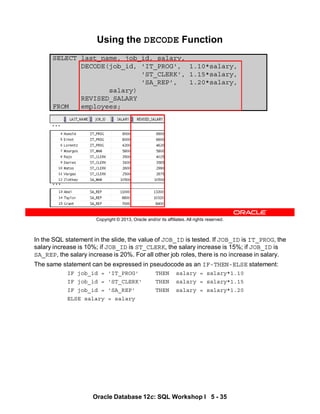In the SQL statement in the slide, the value of JOB_ID is tested. If JOB_ID is IT_PROG, the
salary increase is 10%; if JOB_ID is ST_CLERK, the salary increase is 15%; if JOB_ID is
SA_REP, the salary increase is 20%. For all other job roles, there is no increase in salary.
The same statement can be expressed in pseudocode as an IF-THEN-ELSE statement:
IF job_id = 'IT_PROG' THEN salary = salary*1.10
IF job_id = 'ST_CLERK' THEN salary = salary*1.15
IF job_id = 'SA_REP' THEN salary = salary*1.20
ELSE salary = salary
Oracle Database 12c: SQL Workshop I 5 - 35
Copyright © 2013, Oracle and/or its affiliates. All rights reserved.
SELECT last_name, job_id, salary,
DECODE(job_id, 'IT_PROG', 1.10*salary,
'ST_CLERK', 1.15*salary,
'SA_REP', 1.20*salary,
salary)
REVISED_SALARY
FROM employees;
Using the DECODE Function
…
…
 